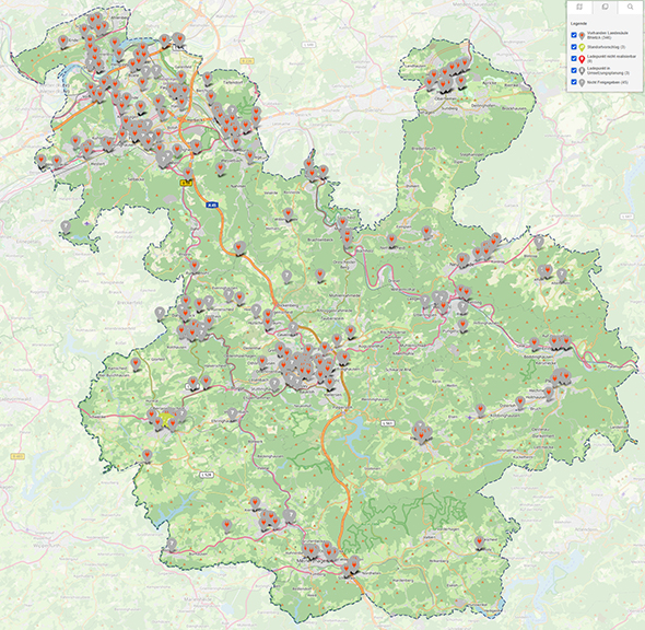 Eine Karte des Versorgungsgebietes von Mark-E und Stadtwerken Lüdenscheid mit allen bestehenden und geplanten Ladepunkten für Elektrofahrzeuge.
